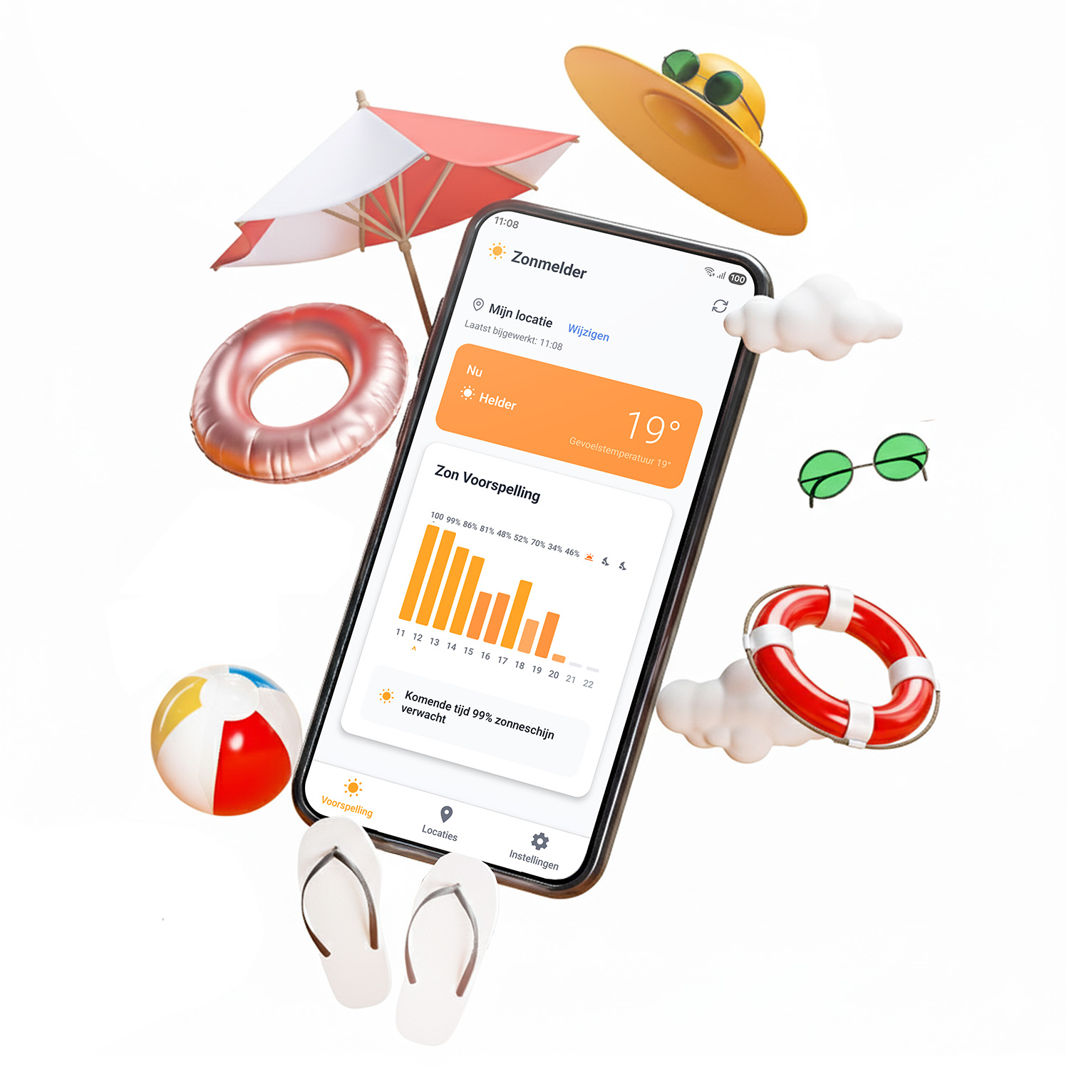 Zonmelder app with summer vacation items showing weather forecast