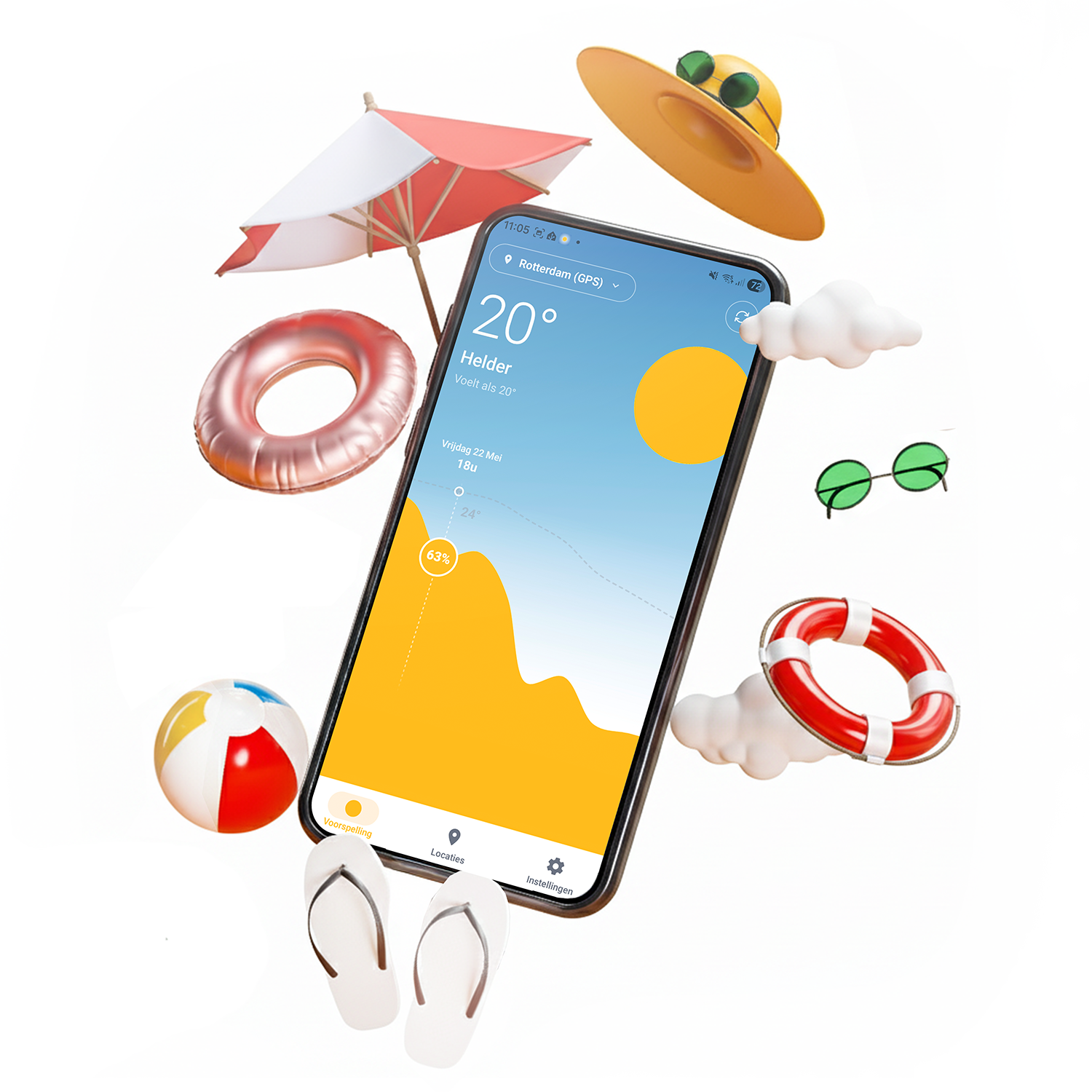 Zonmelder app met zomerse items en weervoorspelling