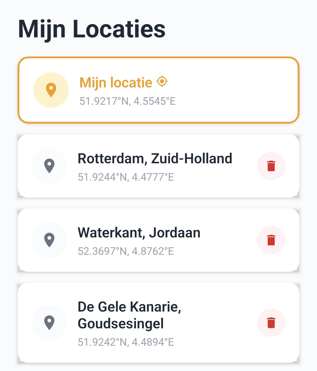 Zonmelder locations screen showing Rotterdam, Waterkant Jordaan, and De Gele Kanarie